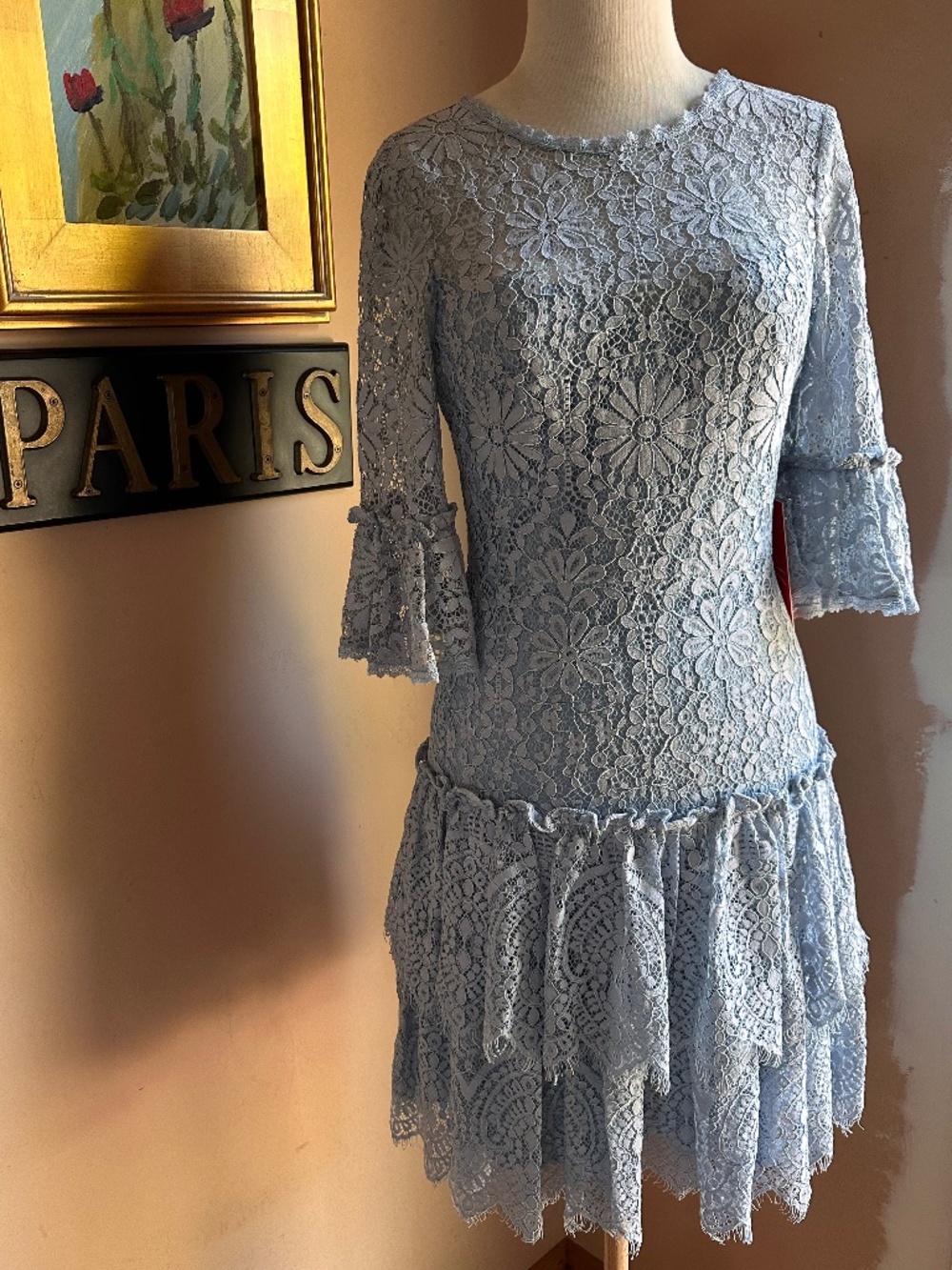 NWT Monique Lhuillier Blue Gray Lace Mini Dress W/Bell 3/4 Sleeves Size 2